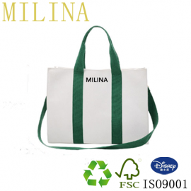 Custom Logo Cotton Handbags with Long Webbing Tote Resuable Green Accorssby Bags Zipper Closure